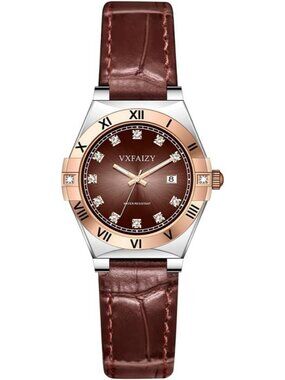 Women's Silver Brown Crystal Diamond Dial Genuine Leather Strap Wrist Watches